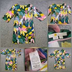 Boden Dress Womens 6 Multicolor Linen Tropical Floral Shift 3/4 Sleeve Summer